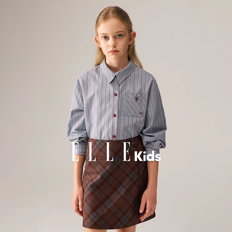 ELLE KIDS童装 法式经典撞色竖条纹刺绣长袖百搭衬衫时尚设计感F3