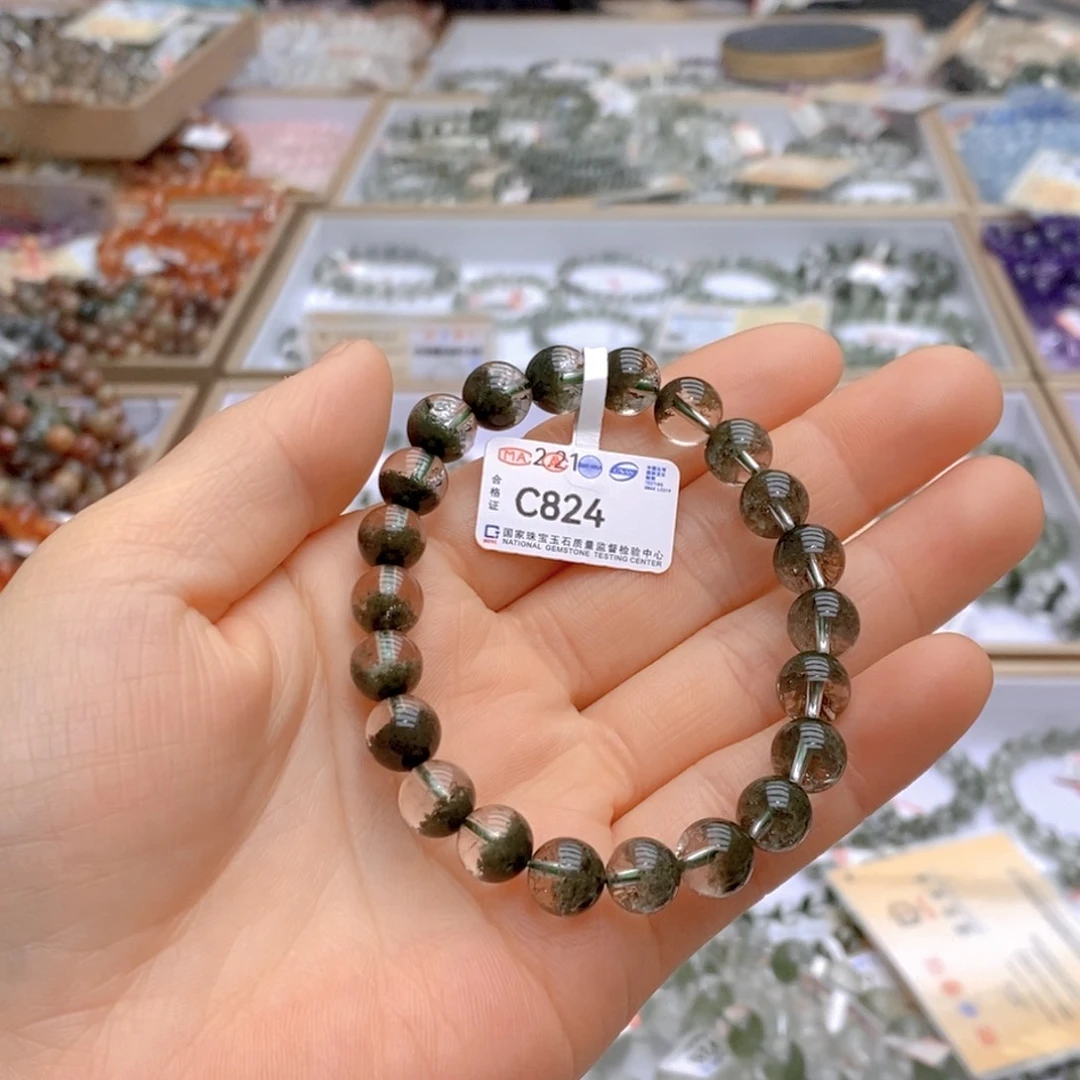 水晶手链未镶嵌天然绿幽灵聚宝盆8mmC824