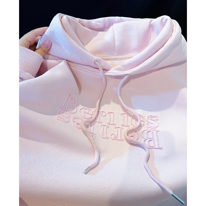 粉色加厚休闲刺绣字母连帽卫衣女秋冬洋气宽松中长款慵懒情侣外套