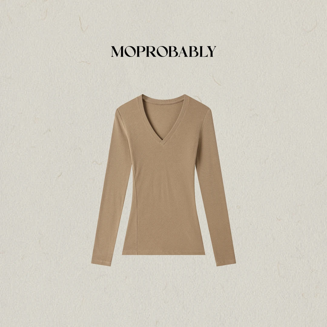 Moprobably李予诺「素棕逸」极简风通勤百搭V领打底长袖T恤L5347096