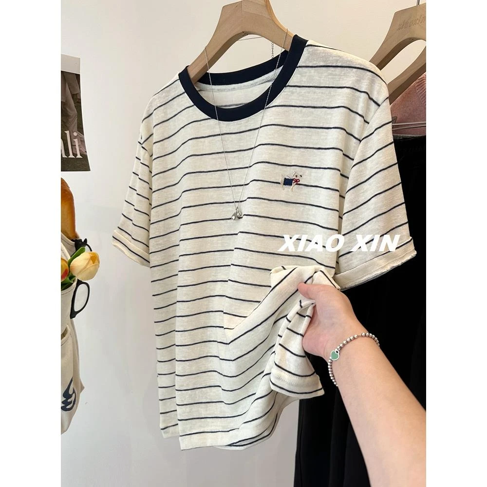 大码300斤宽松百搭圆领刺绣小狗休闲条纹短袖T恤女夏季舒适上衣