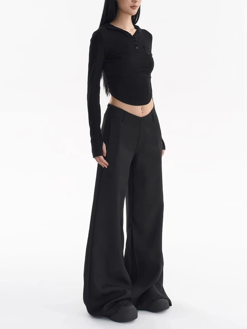 黑色低腰修身V型西裤女2025美式辣妹复古休闲显瘦阔腿微喇叭长裤