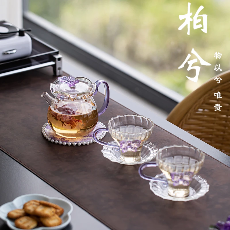 紫色蝴蝶玻璃花茶壶泡茶神器女士茶具一壶二杯茶具泡茶耐热耐高温