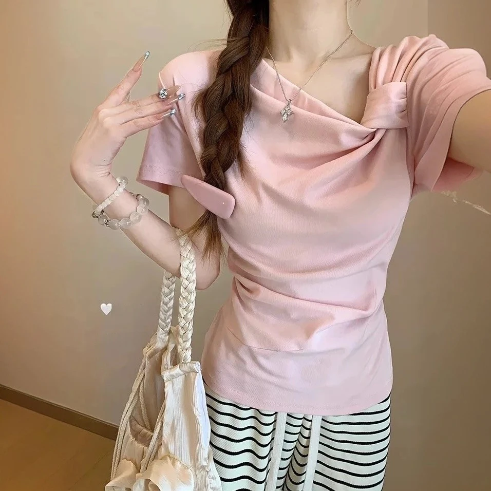 纯欲显瘦别致百搭上衣韩系斜领扭结T恤女2025夏季款修身显瘦短袖