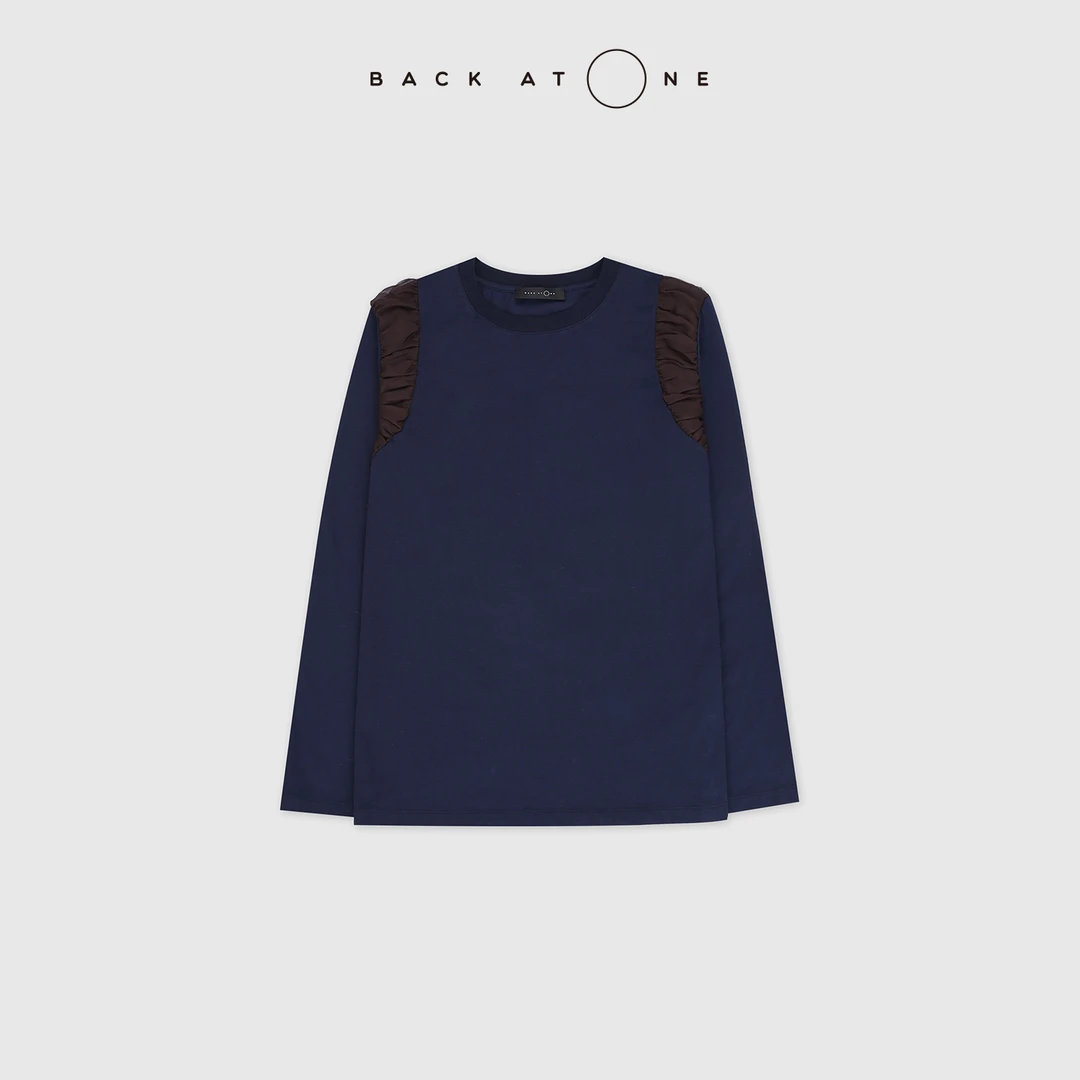 BACKATONE“肩之秘语”抽褶拼接精梳棉藏青色长袖T BFF-1BA697K-K