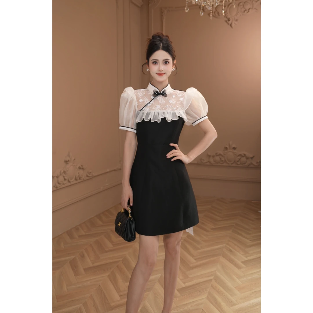 【柒老板定制】新款轻奢时尚收腰拼接修身显瘦连衣裙气质夏季15441