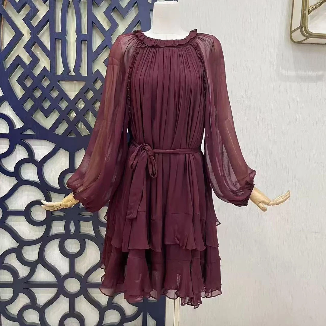 【妍姐2026夏季上新】气质纯色圆领短款轻奢连衣裙 安格拉红色 7896