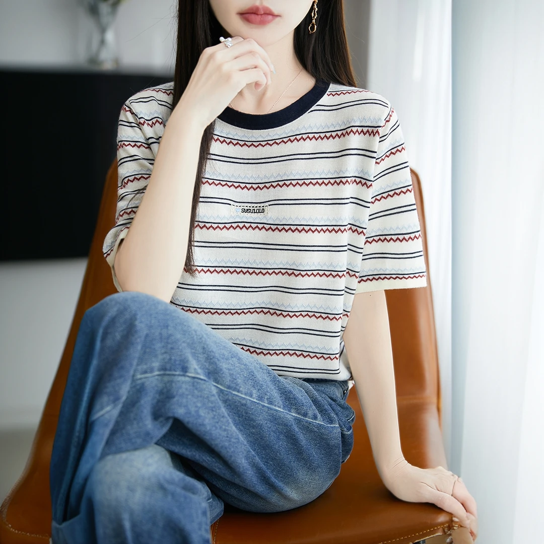 夏季薄款圆领精纺针织短袖T恤女外穿宽松慵懒风时尚百搭条纹上衣