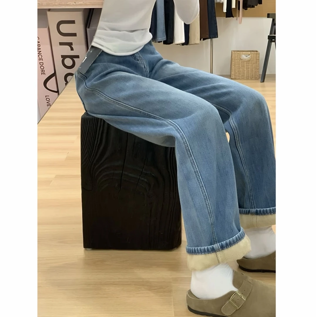 【561-570】秋冬窄版阔腿牛仔裤女加绒宽松高腰垂感显瘦直筒裤