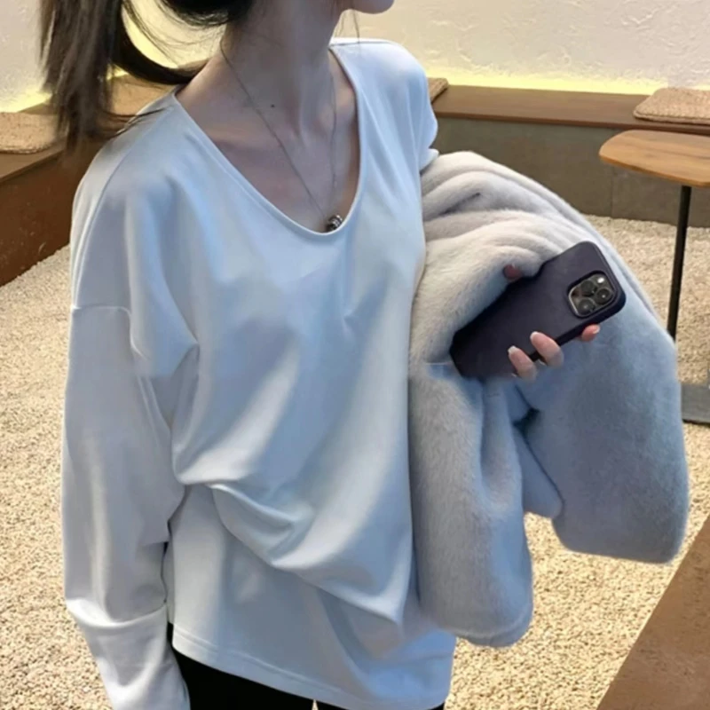 白色长袖t恤女秋冬2025新款内搭打底衫辣妹德绒慵懒中长款v领上衣