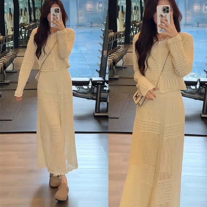 法式温柔风针织套装女春季新款镂空钩花百搭针织开衫高腰半身裙