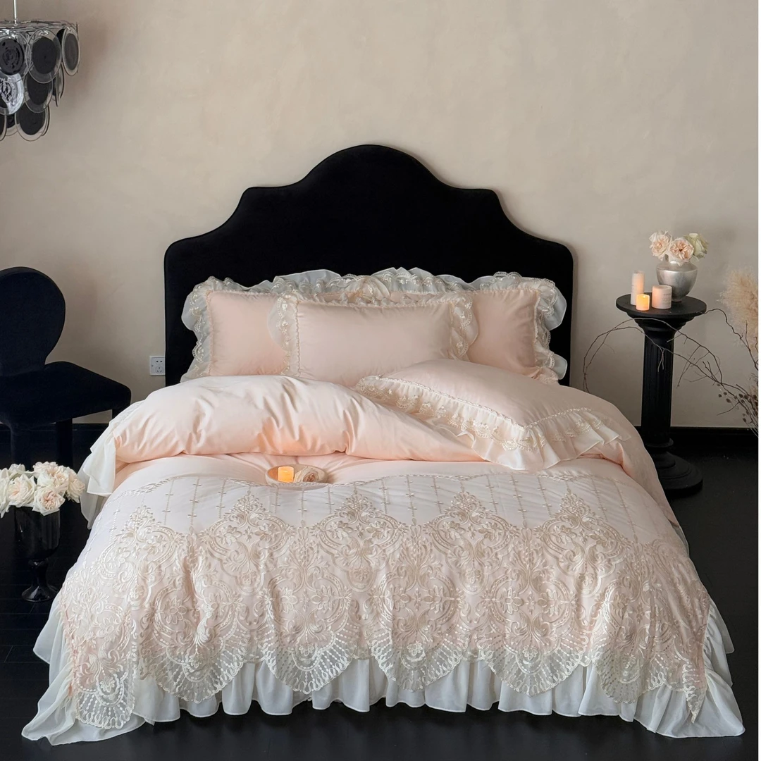 欧式美-轻奢法式花边全棉床裙四件套贡缎长绒棉四件套民宿网红