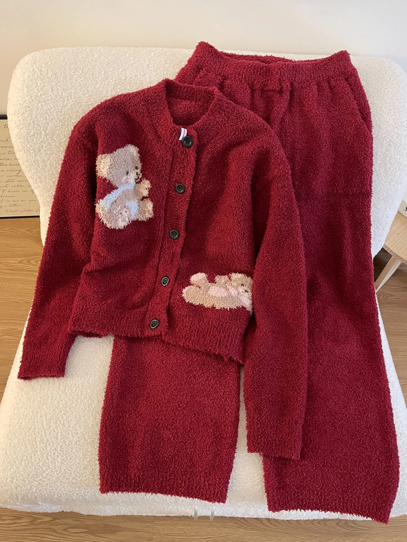 【DMXJ大梦想家】韩系卡通小熊半边绒睡衣女冬季新款亲肤家居服套装