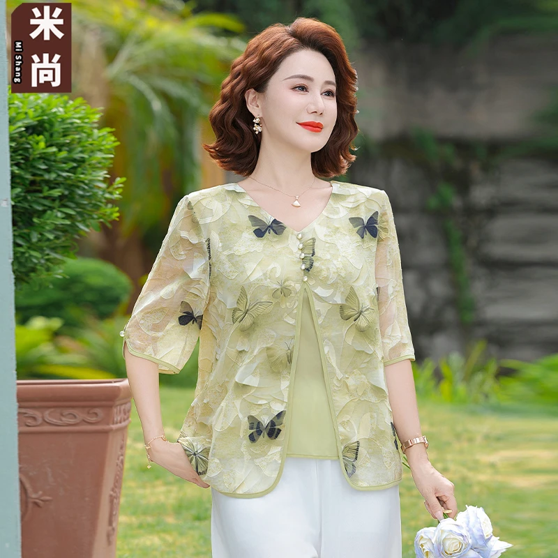妈妈夏装国风气质中袖小衫2025新款中老年女时尚上衣洋气花色T恤