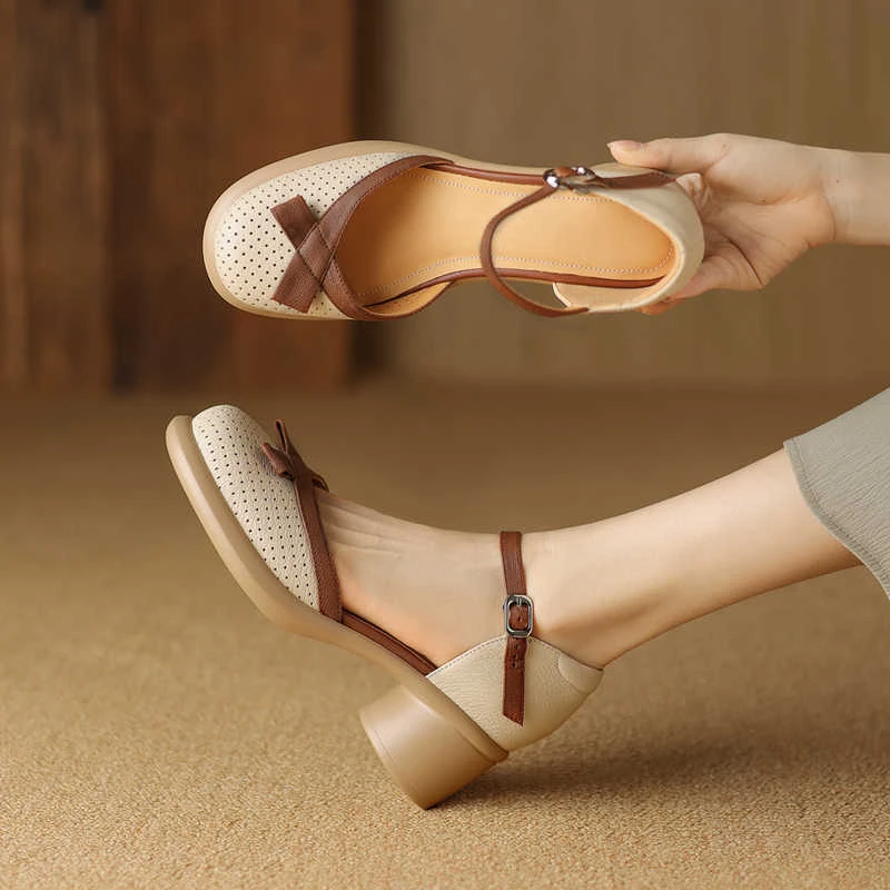 2025夏季新款中空单鞋真皮粗跟厚底复古增高洞洞鞋罗马凉鞋女镂空