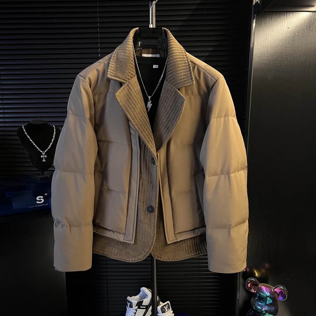 AP-25冬季假两件拼接高奢棉服男潮流翻领加厚保暖外套