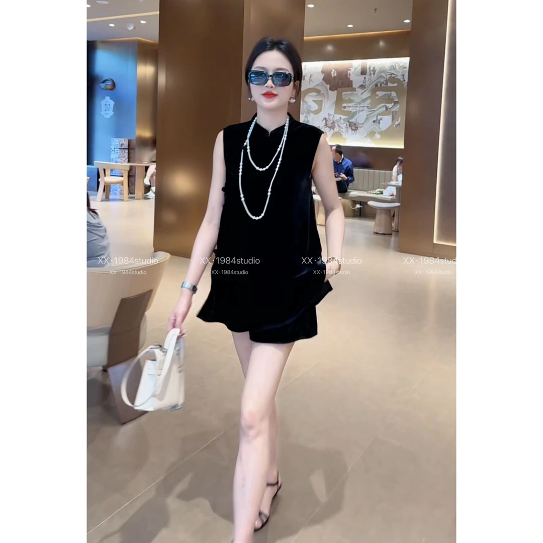 1984 超薄【丝绒气质】国风新中式显瘦旗袍+短裤套装