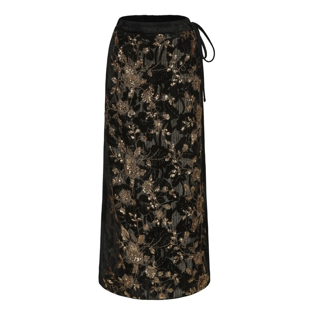 JUNYANG杨君落日熔金丝绒直筒半裙