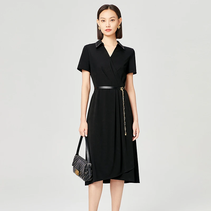 娜尔思醋酸简约V领连衣裙2025年秋季新款中长裙子NF10803W0