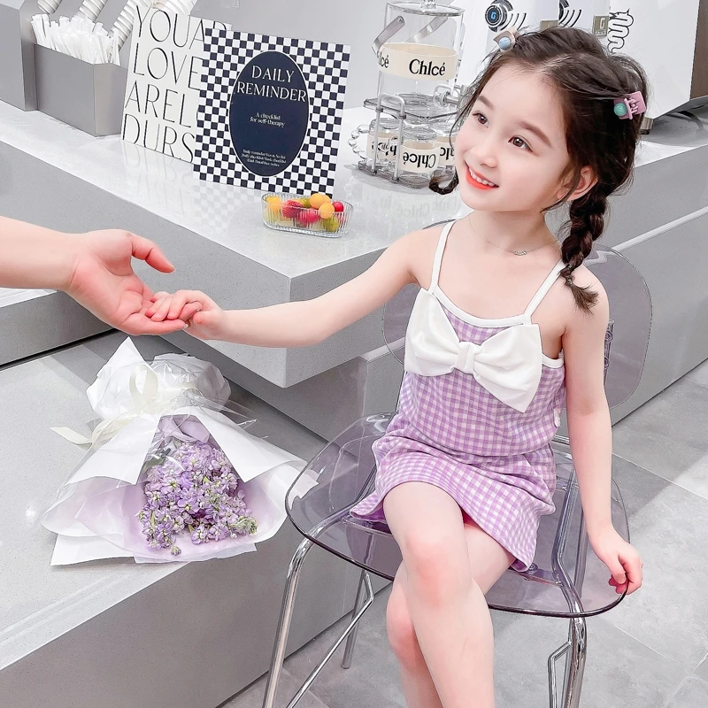 女童夏装吊带套装2025新款韩版女宝宝时尚蝴蝶结配饰格子裙两件套