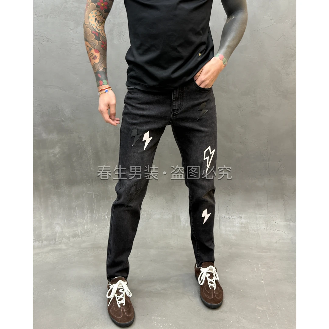 2025早秋新款时尚休闲百搭黑灰色闪电刺绣男士修身小脚牛仔裤1619