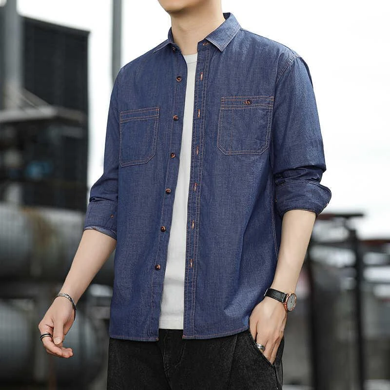 2025秋季新款男士时尚长袖衬衫牛仔宽松休闲青年衬衣外套上衣男装