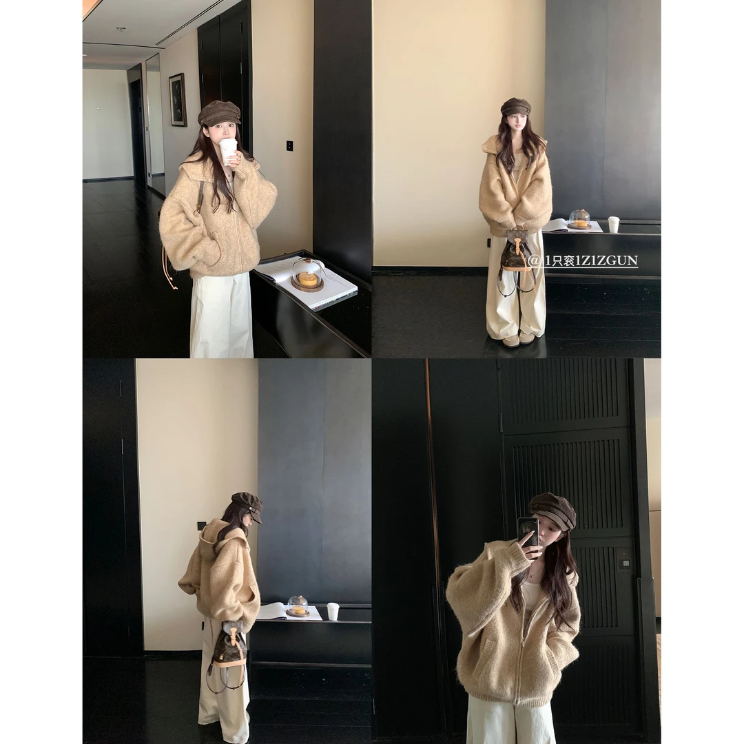 （浠儿姐姐）老钱风卡其色浣熊绒连帽毛衣开衫秋冬慵懒高级感针织衫