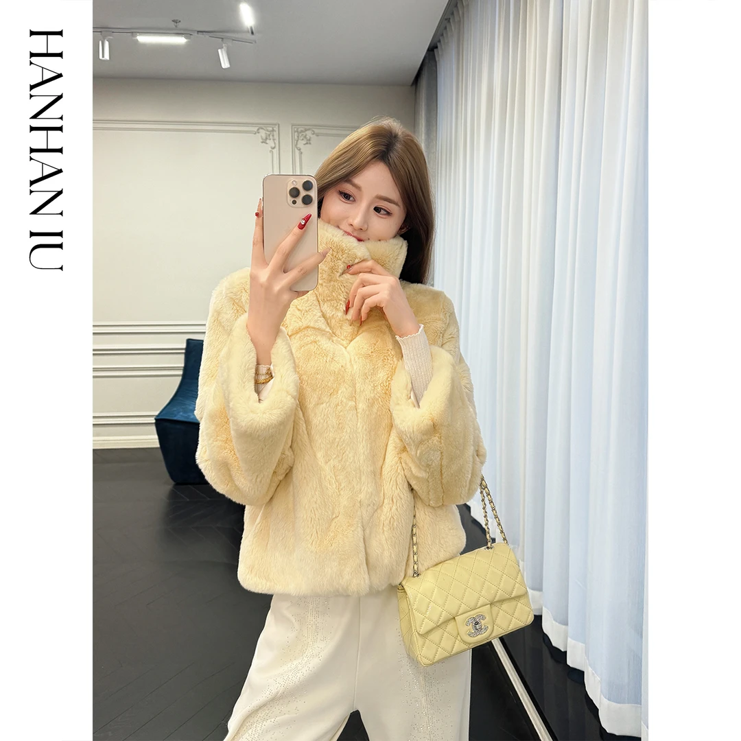 韩韩IU【冬季恋歌】100雷克斯獭兔毛休闲保暖舒适翻领短款皮草外套