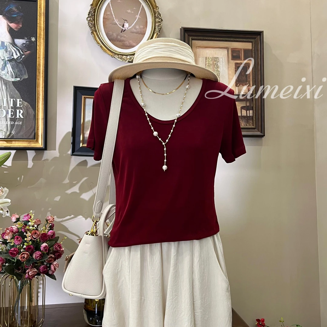 LMXPPJ【裸感T恤】2025夏季新款简约气质红色女T恤MX390