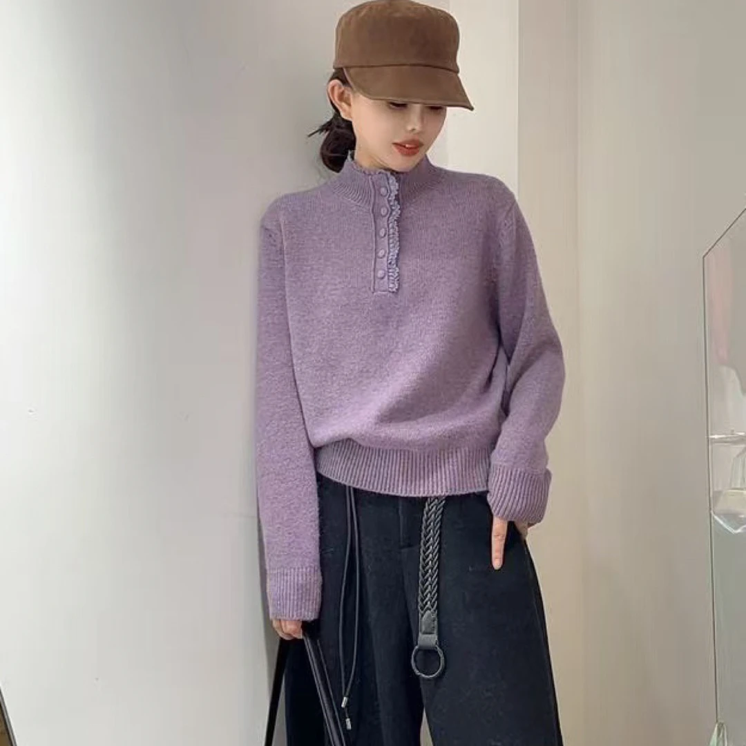 女秋冬宽松半高领长袖针织衫时尚百搭