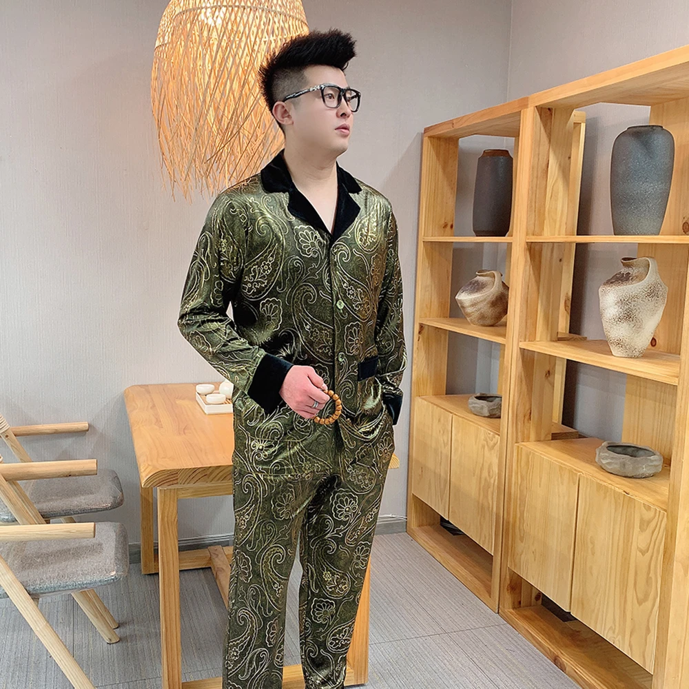 男士烫金睡衣套装2025春秋高品质奢华可外穿大码潮流家居服两件套