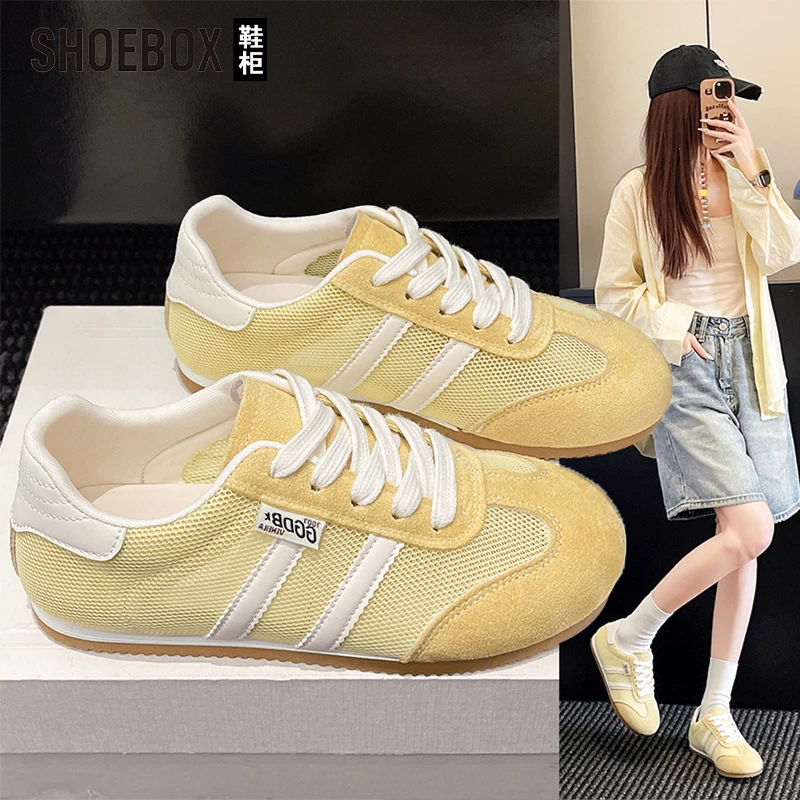 SHOEBOX鞋柜黄色德训鞋女鞋2025新款夏季网面透气小白鞋阿甘女鞋