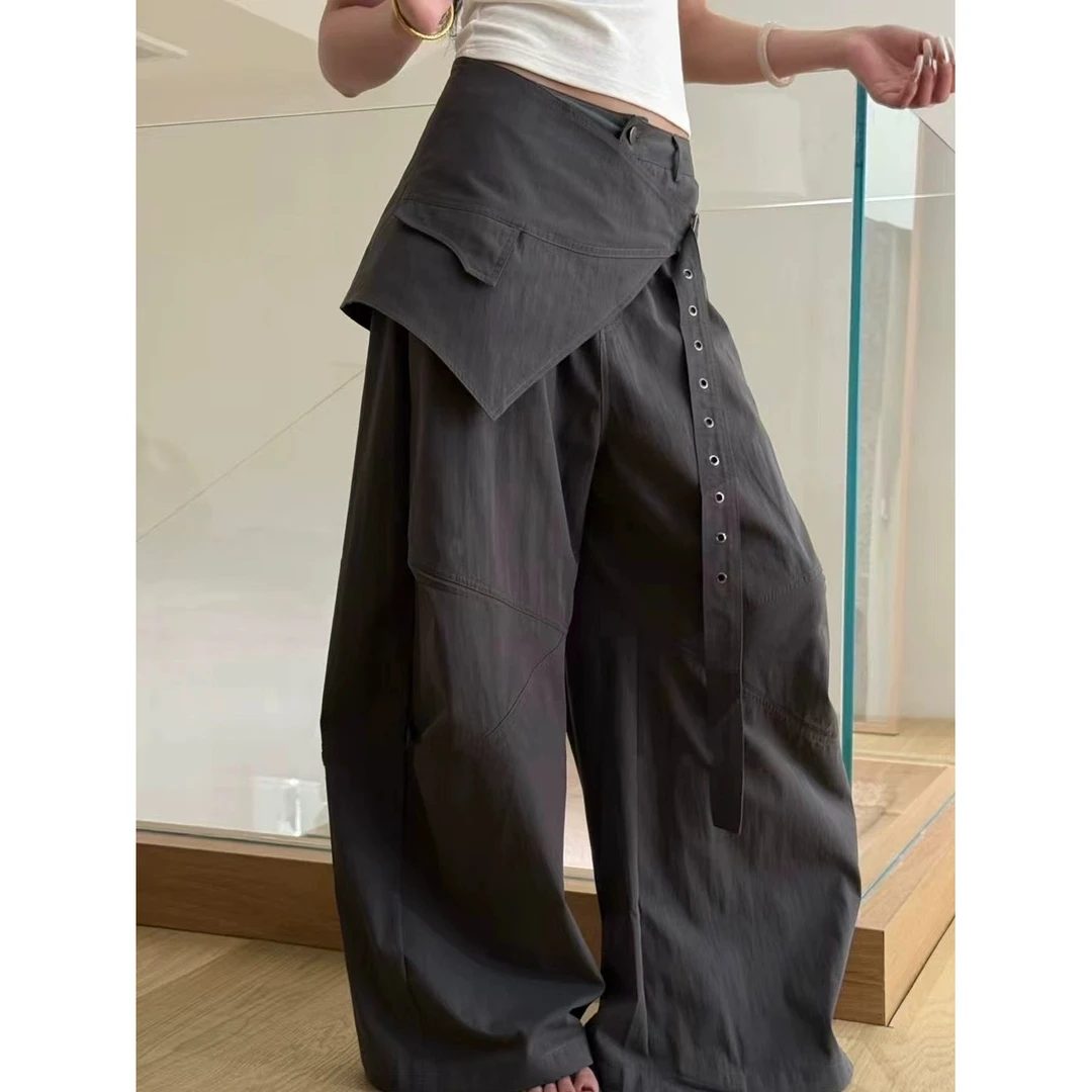 R13大头花同款2025夏新款设计感可拆卸腰带屁帘阔腿休闲裤女长裤