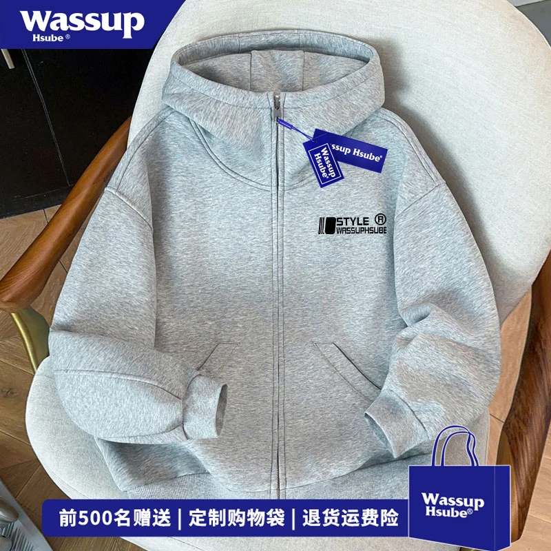 WASSUP HSUBE 秋冬季简约字母印花高领外套街头风百搭开衫卫衣男