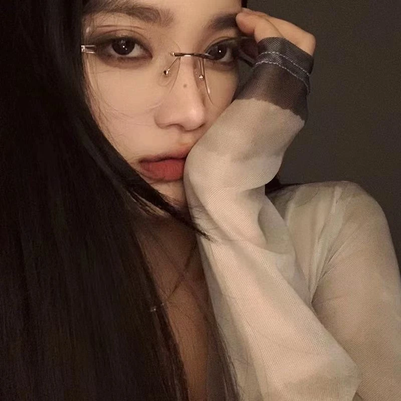 无框猫眼纯欲素颜平光镜女防蓝光抗辐射网红同款近视眼镜框显脸小
