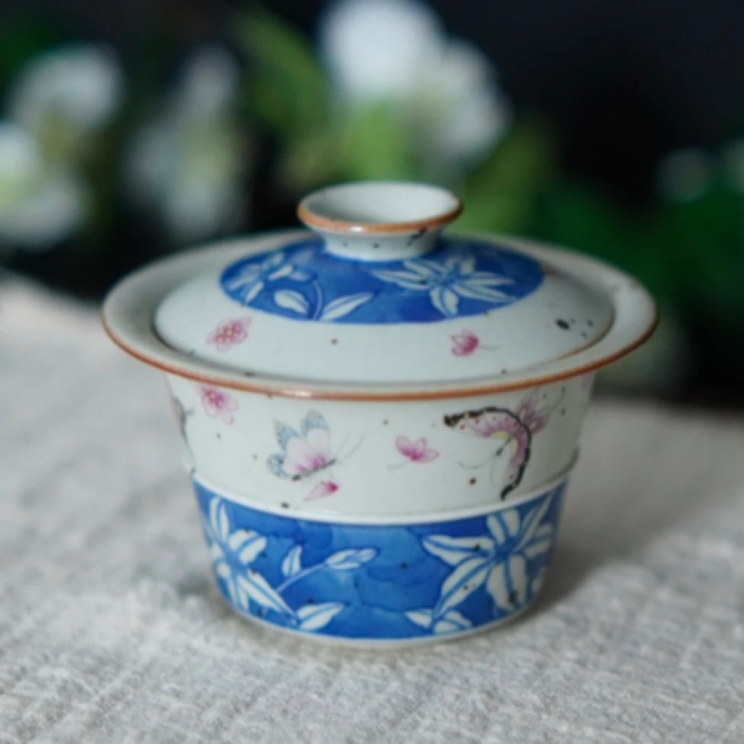 茶禾 景德镇樊沐青花手绘蝴蝶盖碗