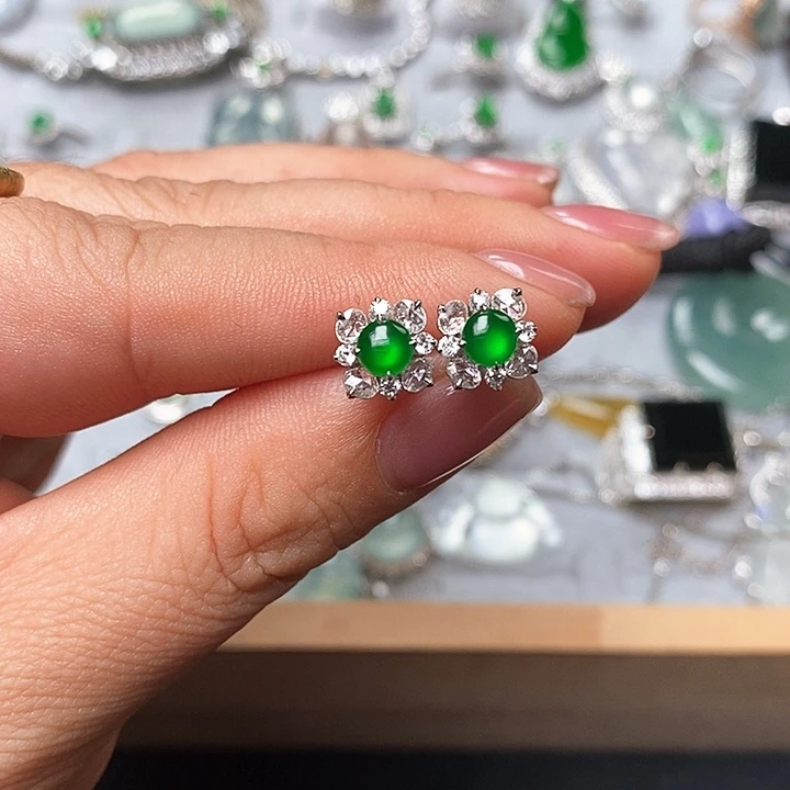 定制翡翠18K金镶嵌耳钉