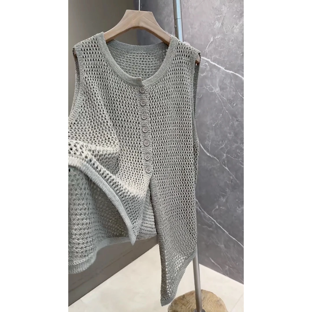 不规则镂空排扣针织无袖马甲夏季外穿休闲圆领开衫马甲