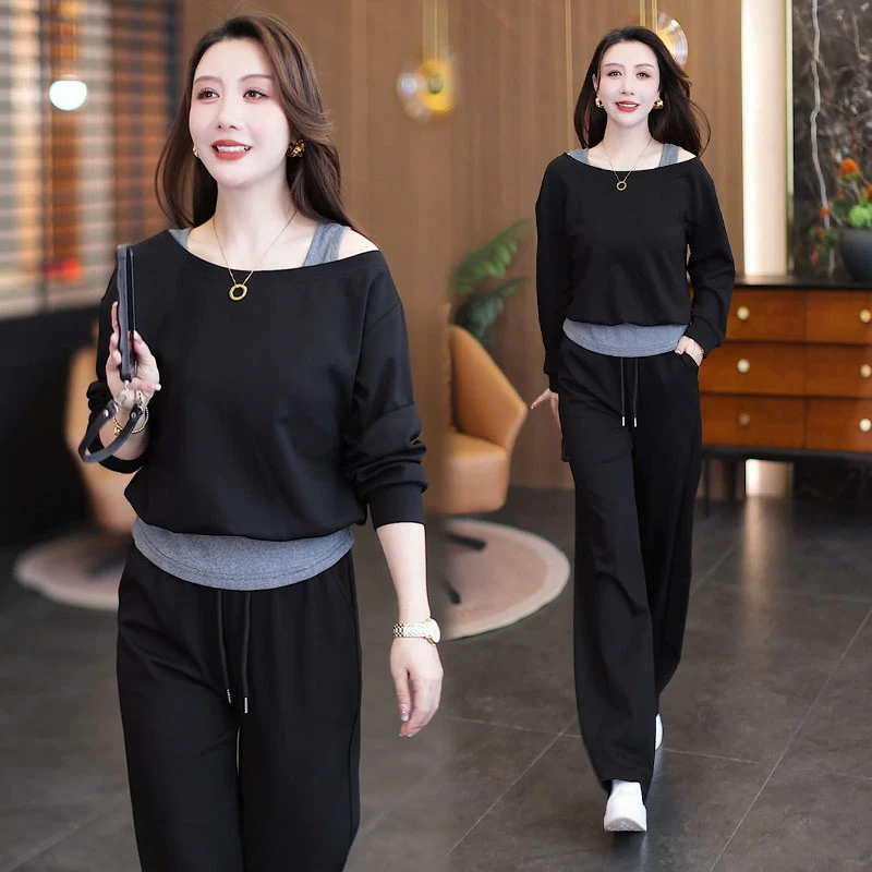 韩版时尚休闲套装女秋季假两件露肩卫衣阔腿裤时髦新潮气质两件套
