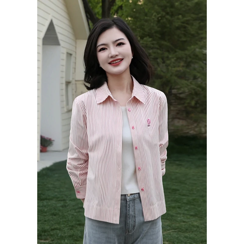 枫竺女装阿楠anan单排扣竖条纹翻领绣花长袖衬衫女夏季新款上衣