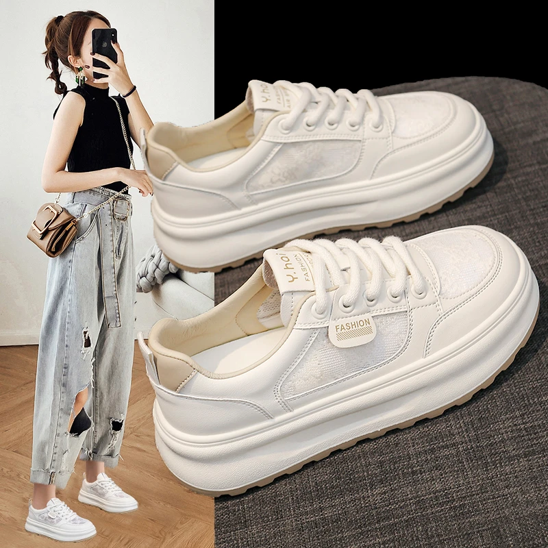 爆款蕾丝网面透气小白鞋女2025夏季新款真皮百搭厚底薄款休闲运动