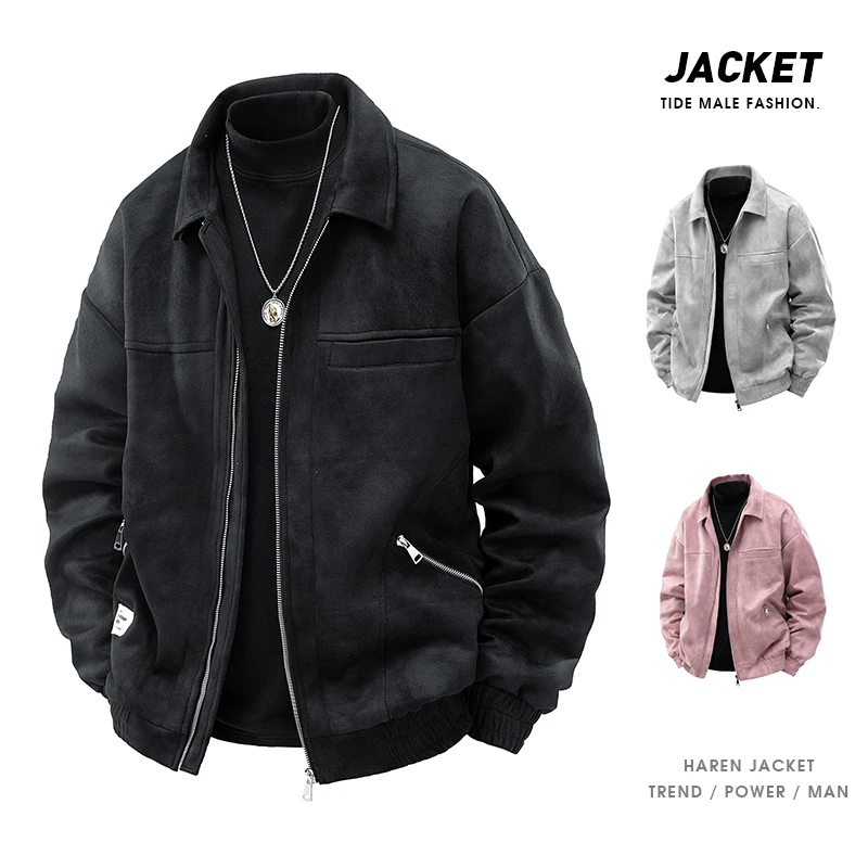 新款男士秋冬季大码翻领休闲百搭时尚潮牌琥珀流光防风宽松夹克