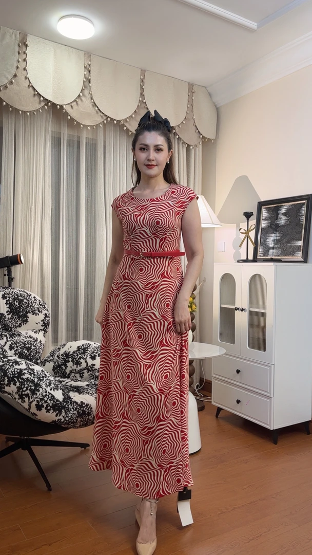 夏季新款气质条纹纹印花圆领短袖收腰连衣裙