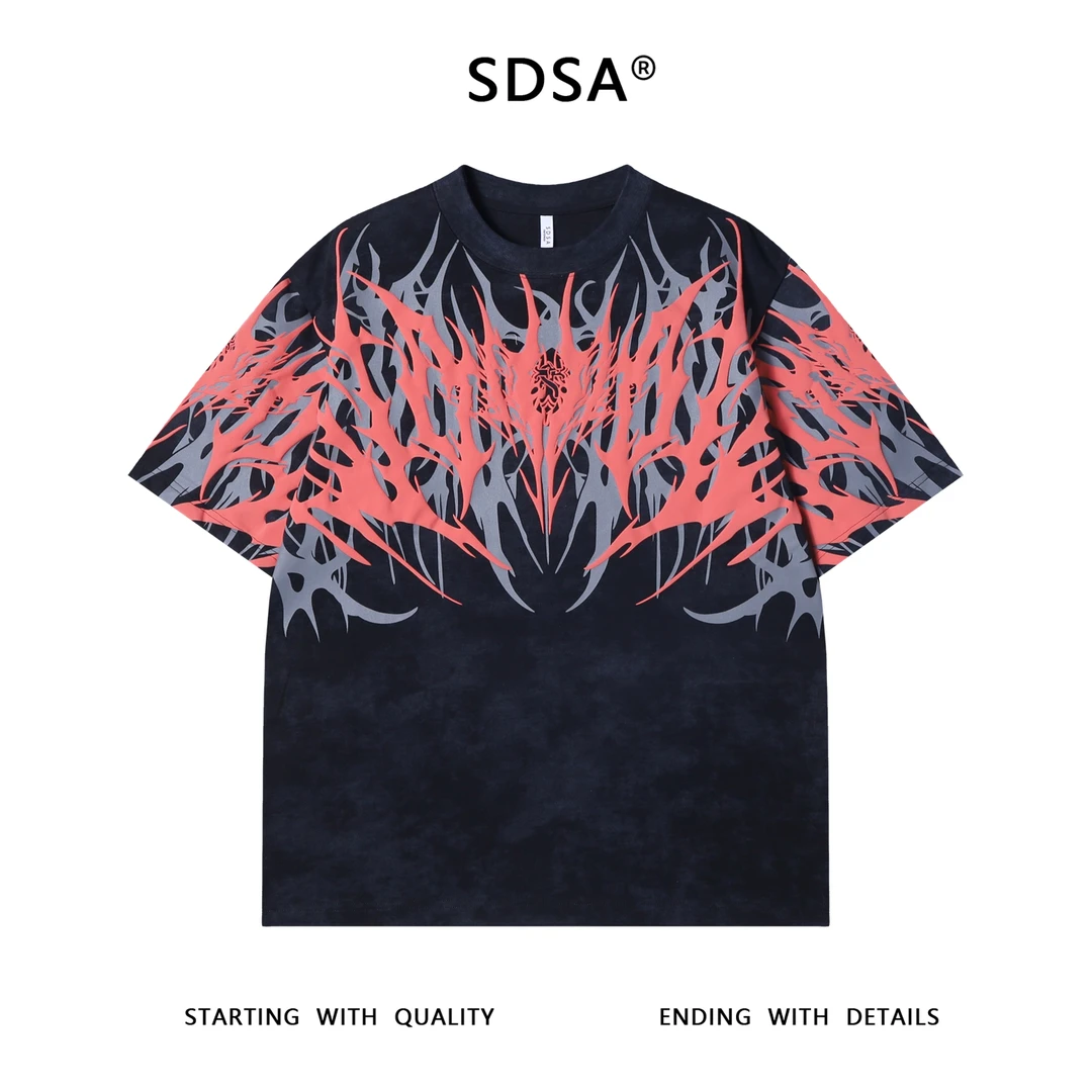 夏季高级感新款男士潮牌痞帅压胶撞色圆领短袖T恤时尚百搭上衣