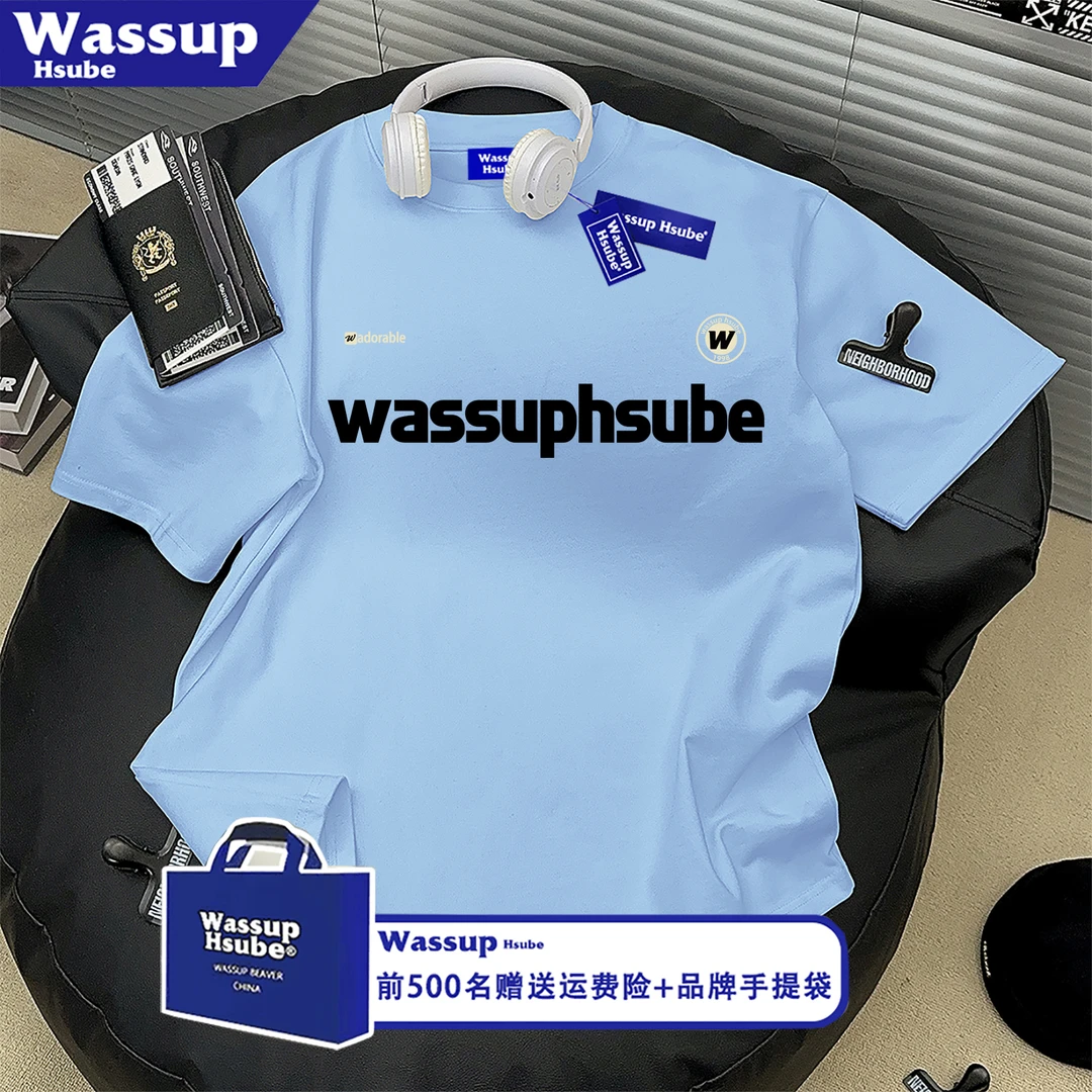 WASSUP HSUBE韩版潮牌字母印花天蓝色短袖T恤男女ins休闲圆领上衣