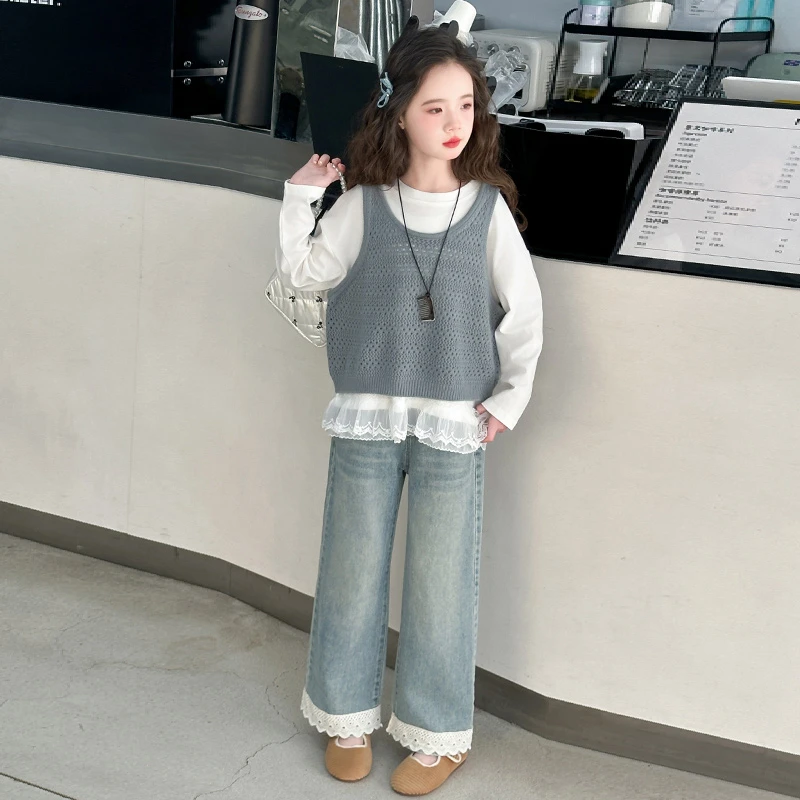 女童韩版套装2025新款韩版中大童休闲马甲时尚宽松阔腿裤三件套潮