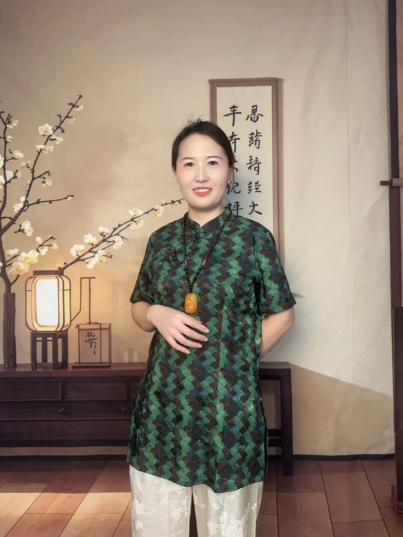 新中式国风立领斜开襟盘扣奥黛气质时尚提花上衣百搭夏季重磅宽松