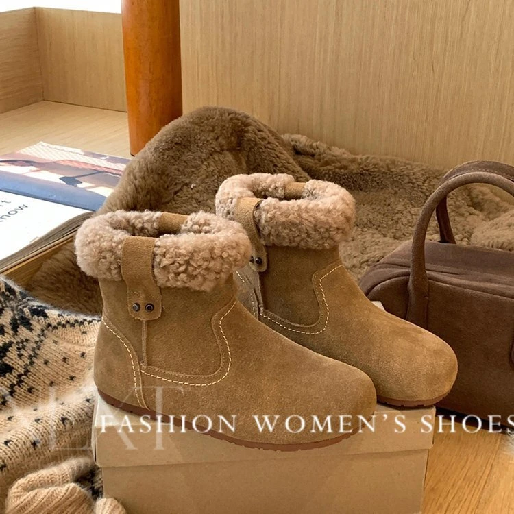 牛皮版~加绒勃肯靴女圆复古毛毛短靴底棉鞋保暖毛绒绒雪地靴