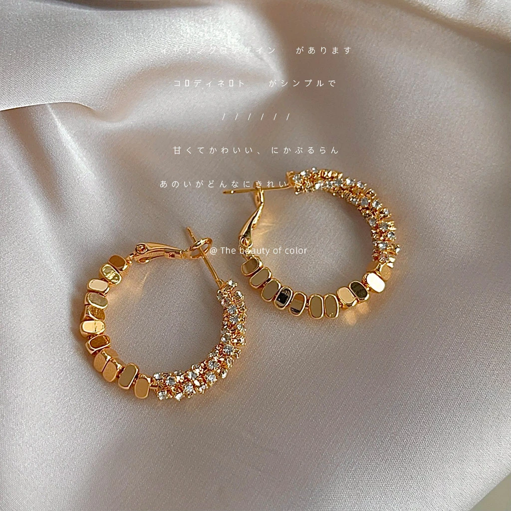 铜合金耳饰 高级感轻奢风镶钻电镀14K简约百搭圆形几何气质耳环