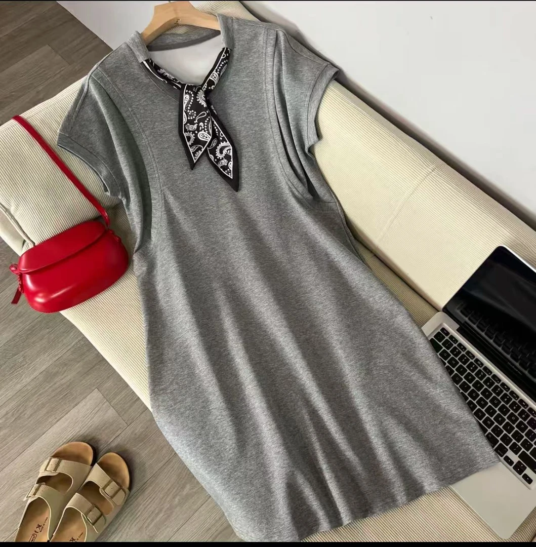 V领拼接丝巾领夏季常规连衣裙设计师女装新复古风休闲百搭显瘦